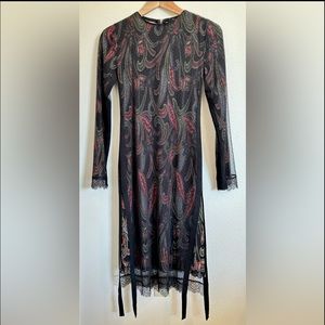 All Saints Black Paisley Print Bodycon Midi Dress Size 0 with Lace Details